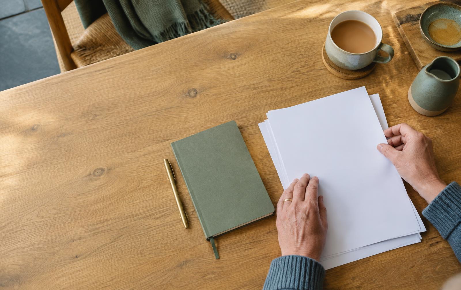 A person calmly organising important papers at a kitchen table